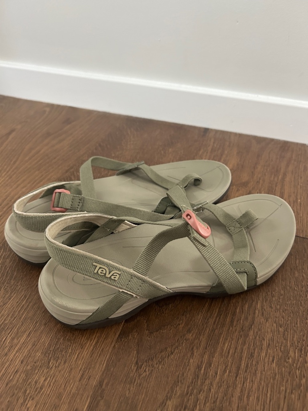 Teva Women's Olive Green Strappy Sandals with Pink Accent size 8
